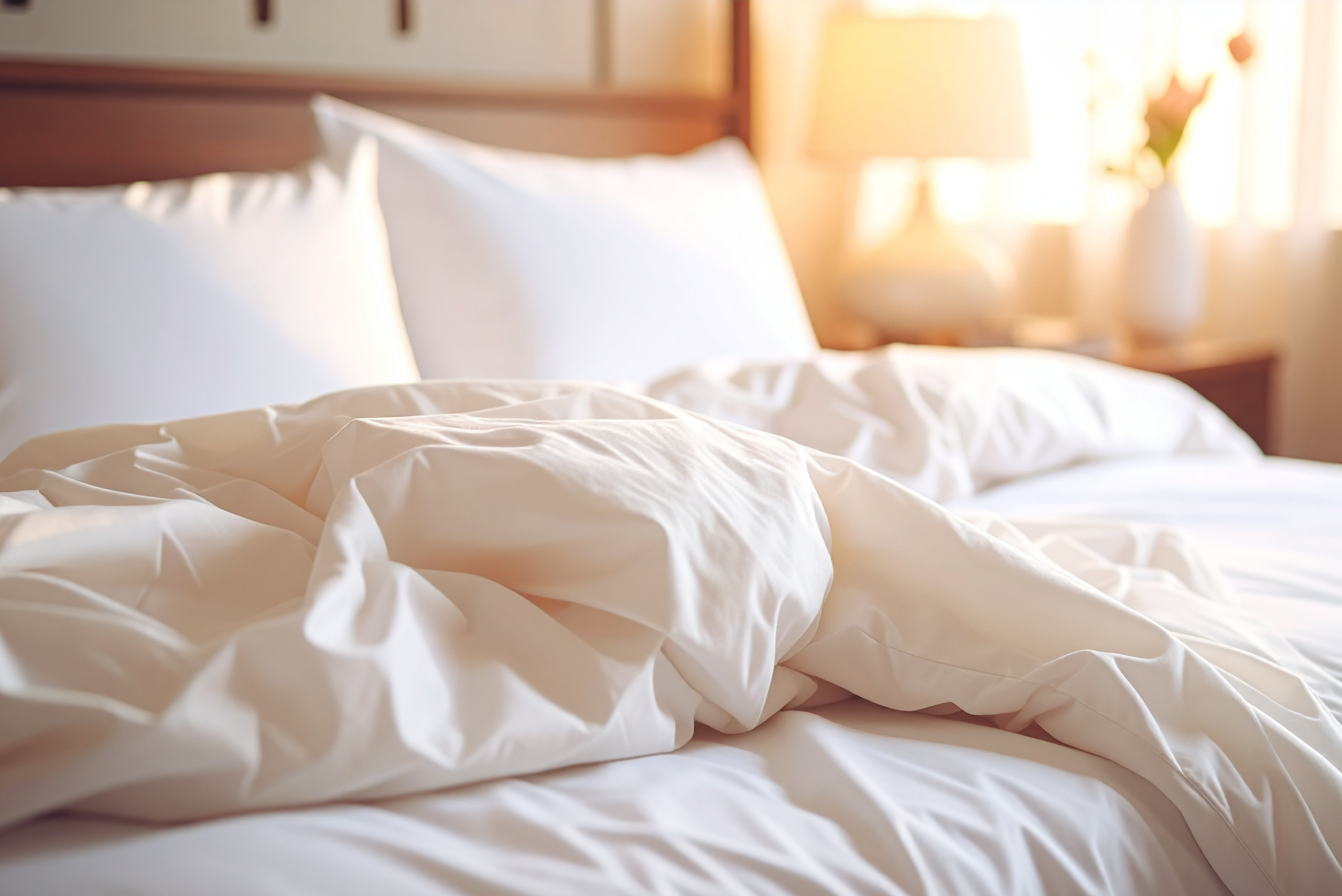A neatly rumpled bed showing soft commercial bed linen in warm morning light