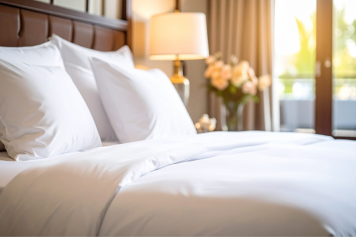 A white commercial bed linen with lamp on the side